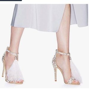 Brand new feather ankle strap zip rhinestone high heeled sandals size 8